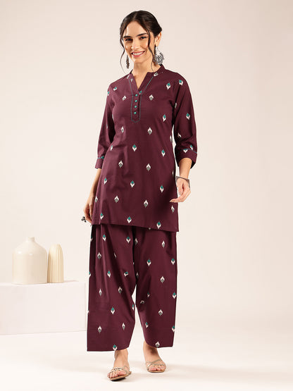 Dark Purple Ikkat Straight Cotton Stitched Kurti With Palazzo