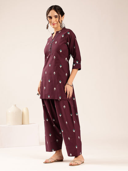 Dark Purple Ikkat Straight Cotton Stitched Kurti With Palazzo