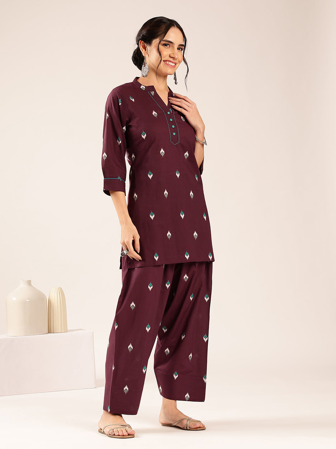 Dark Purple Ikkat Straight Cotton Stitched Kurti With Palazzo