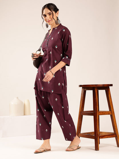 Dark Purple Ikkat Straight Cotton Stitched Kurti With Palazzo