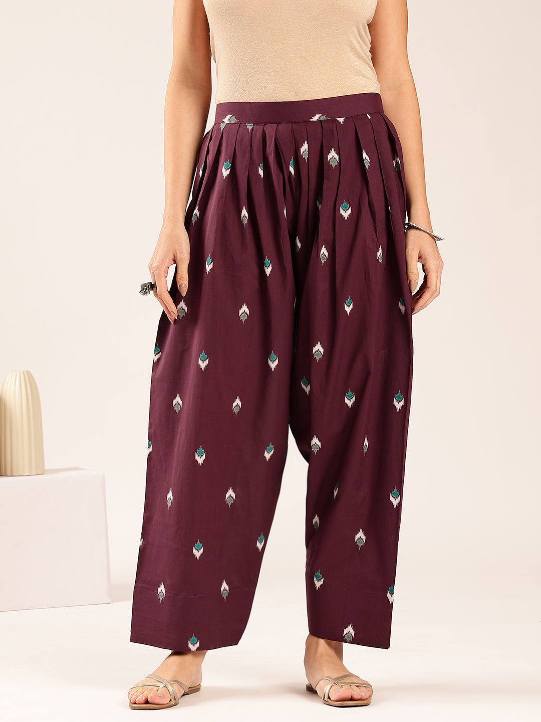 Dark Purple Ikkat Straight Cotton Stitched Kurti With Palazzo