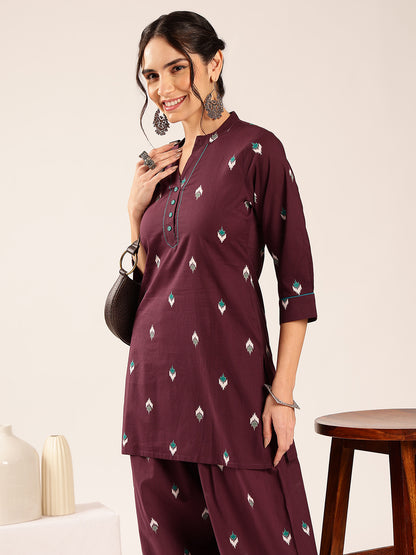 Dark Purple Ikkat Straight Cotton Stitched Kurti With Palazzo