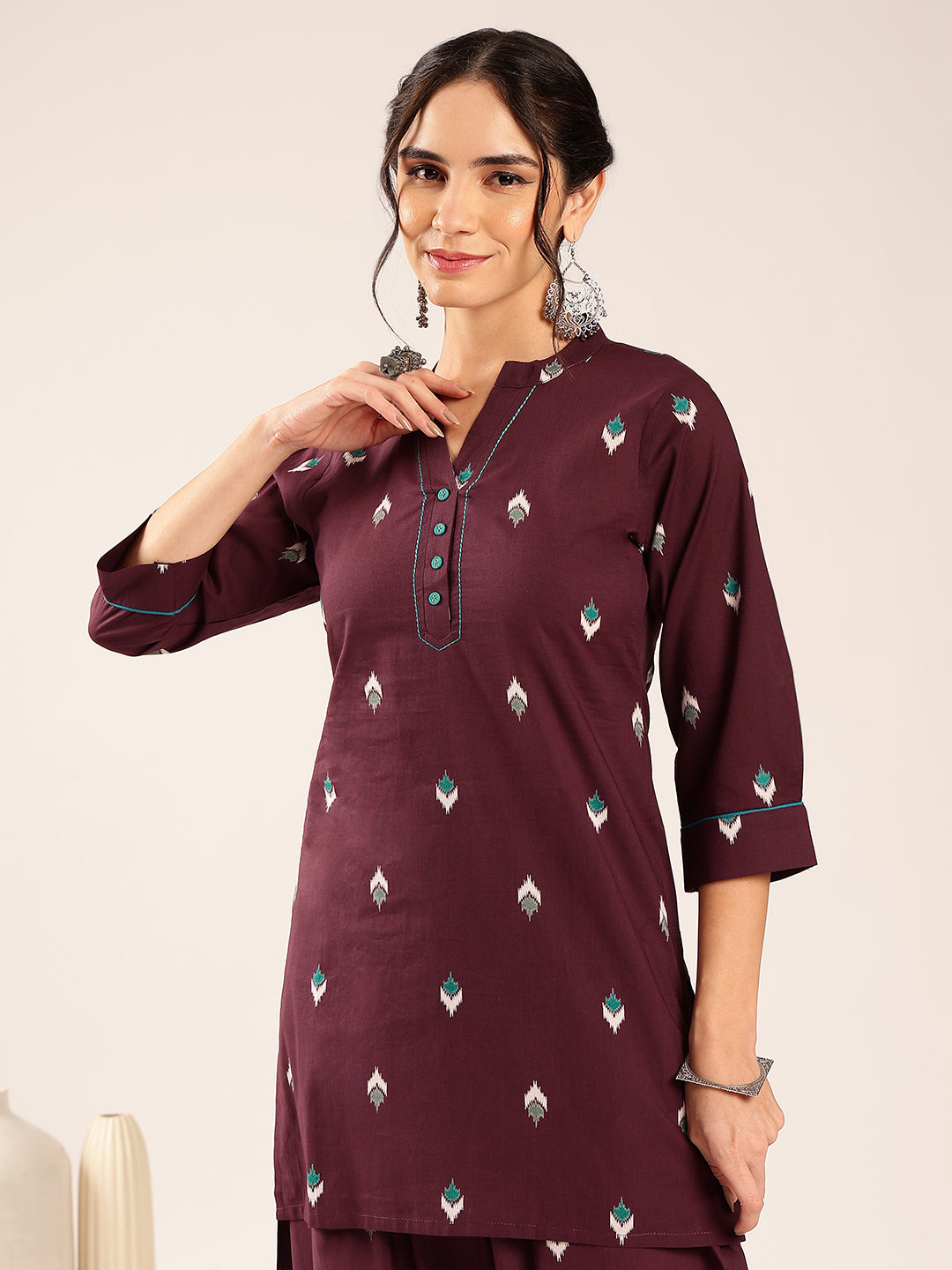 Dark Purple Ikkat Straight Cotton Stitched Kurti With Palazzo