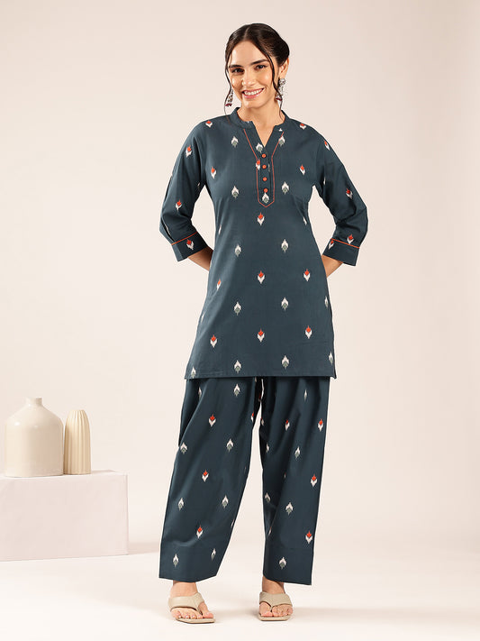 Teal Ikkat Straight Cotton Stitched Kurti With Palazzo