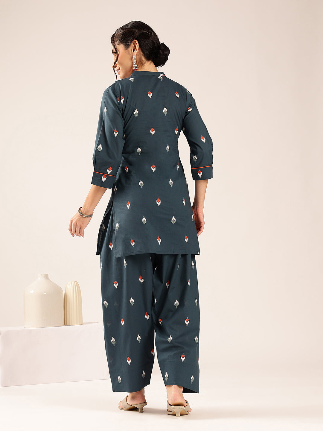 Teal Ikkat Straight Cotton Stitched Kurti With Palazzo
