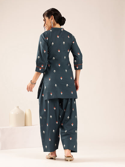 Teal Ikkat Straight Cotton Stitched Kurti With Palazzo