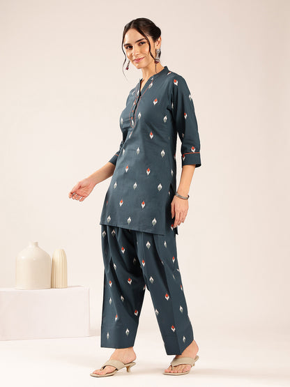 Teal Ikkat Straight Cotton Stitched Kurti With Palazzo