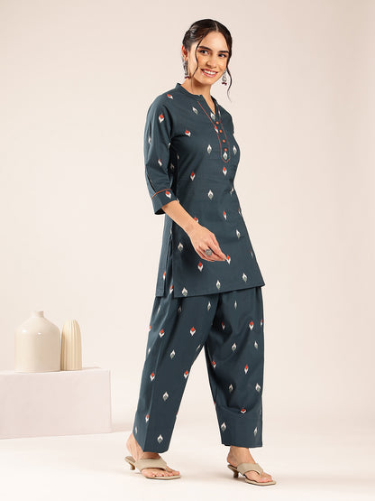 Teal Ikkat Straight Cotton Stitched Kurti With Palazzo