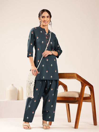 Teal Ikkat Straight Cotton Stitched Kurti With Palazzo