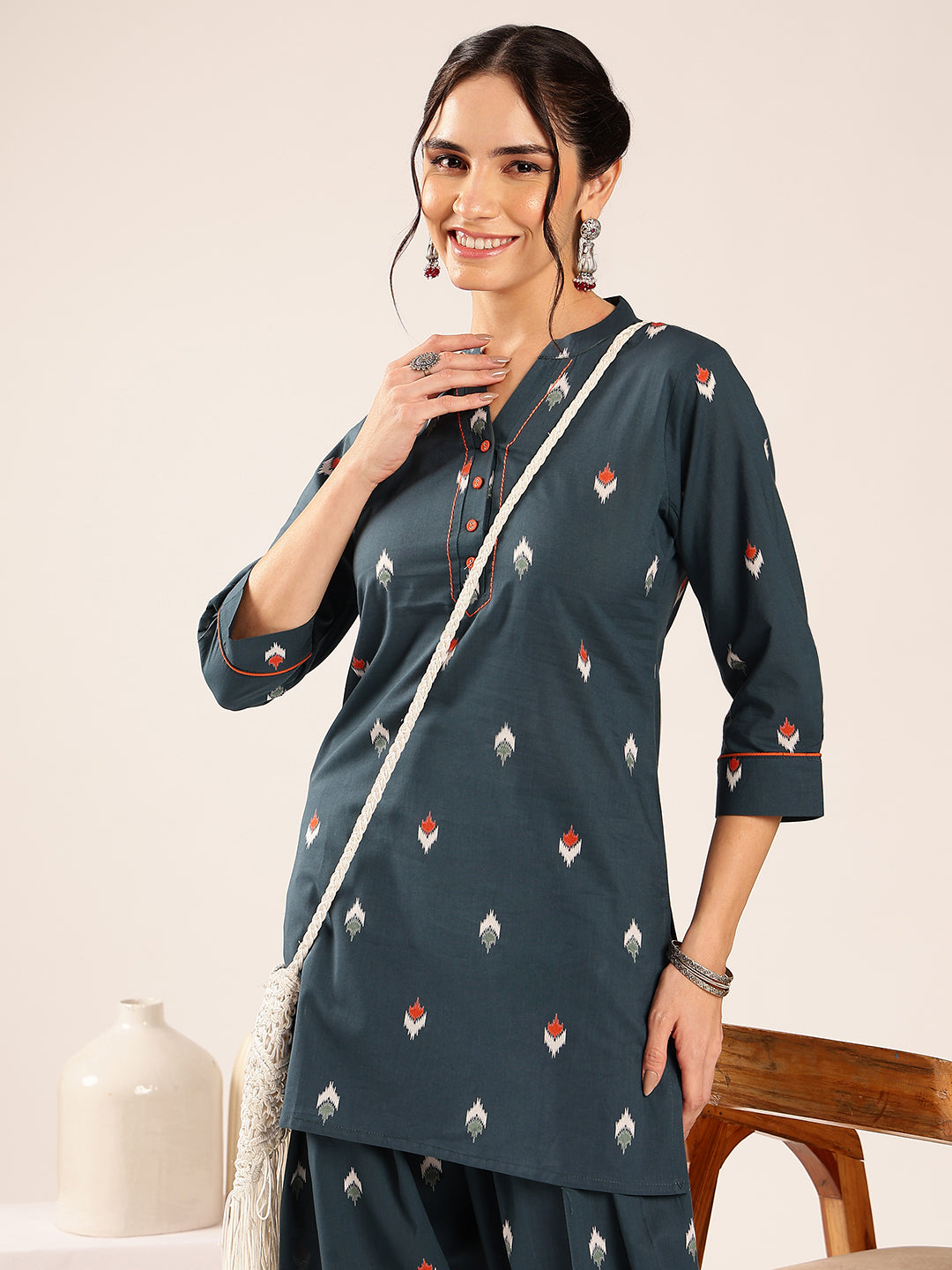 Teal Ikkat Straight Cotton Stitched Kurti With Palazzo