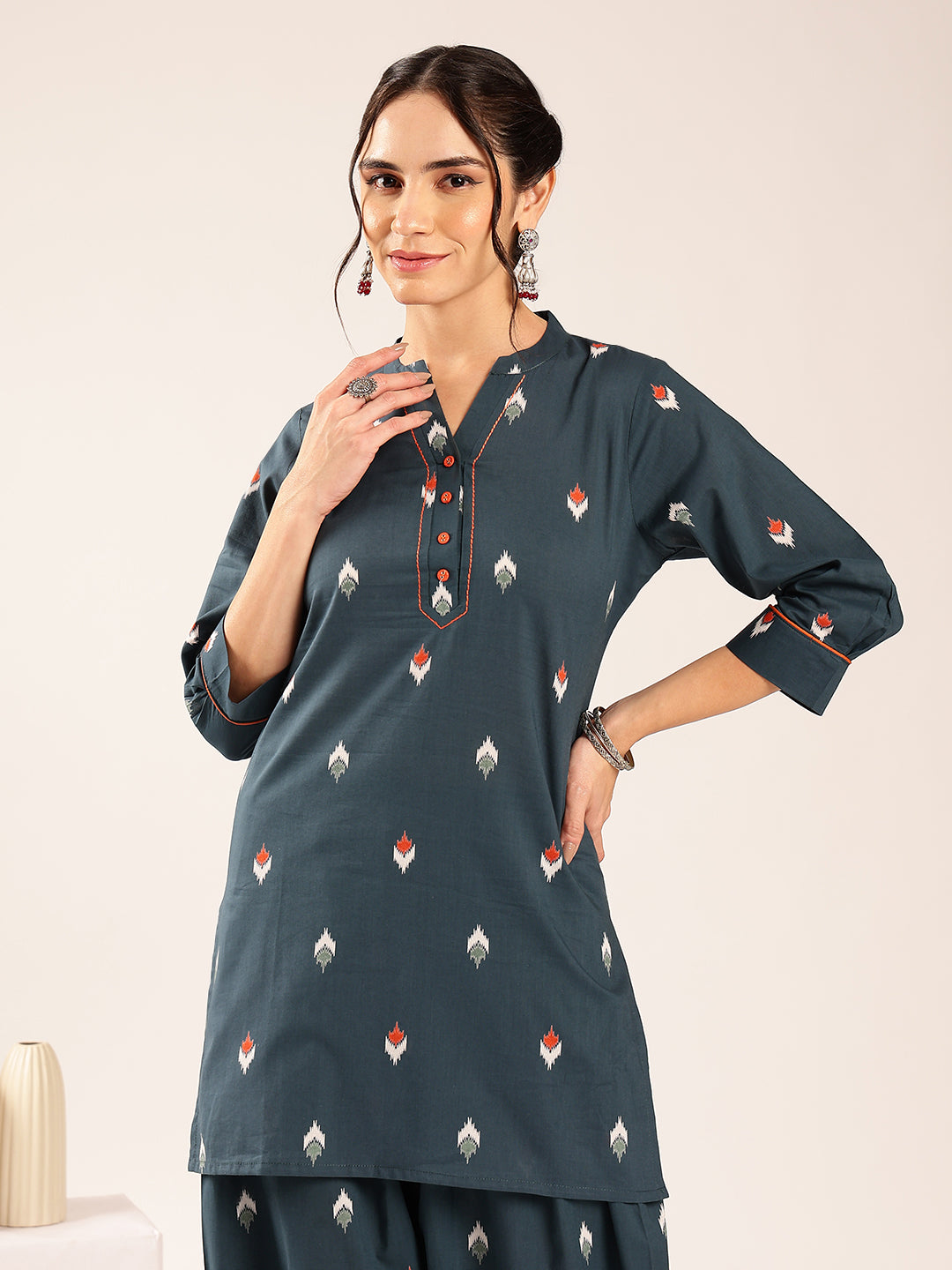 Teal Ikkat Straight Cotton Stitched Kurti With Palazzo