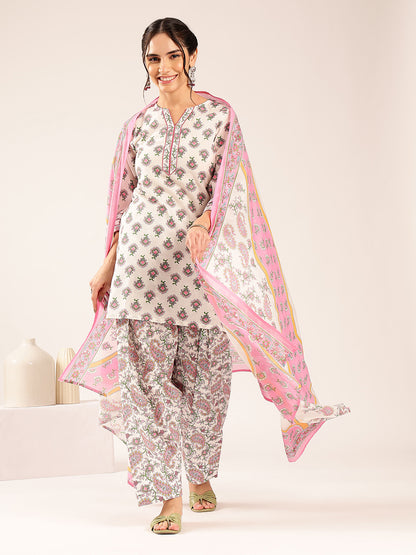 Off White & Pink Floral Straight Cotton Stitched Kurta Set
