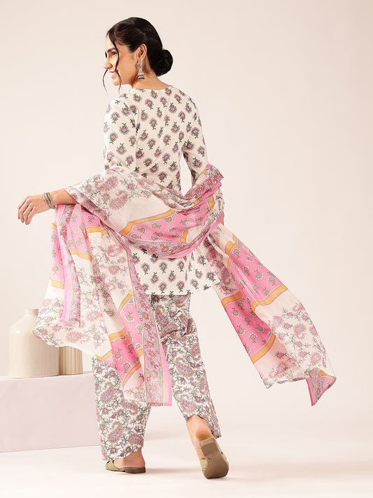 Off White & Pink Floral Straight Cotton Stitched Kurta Set