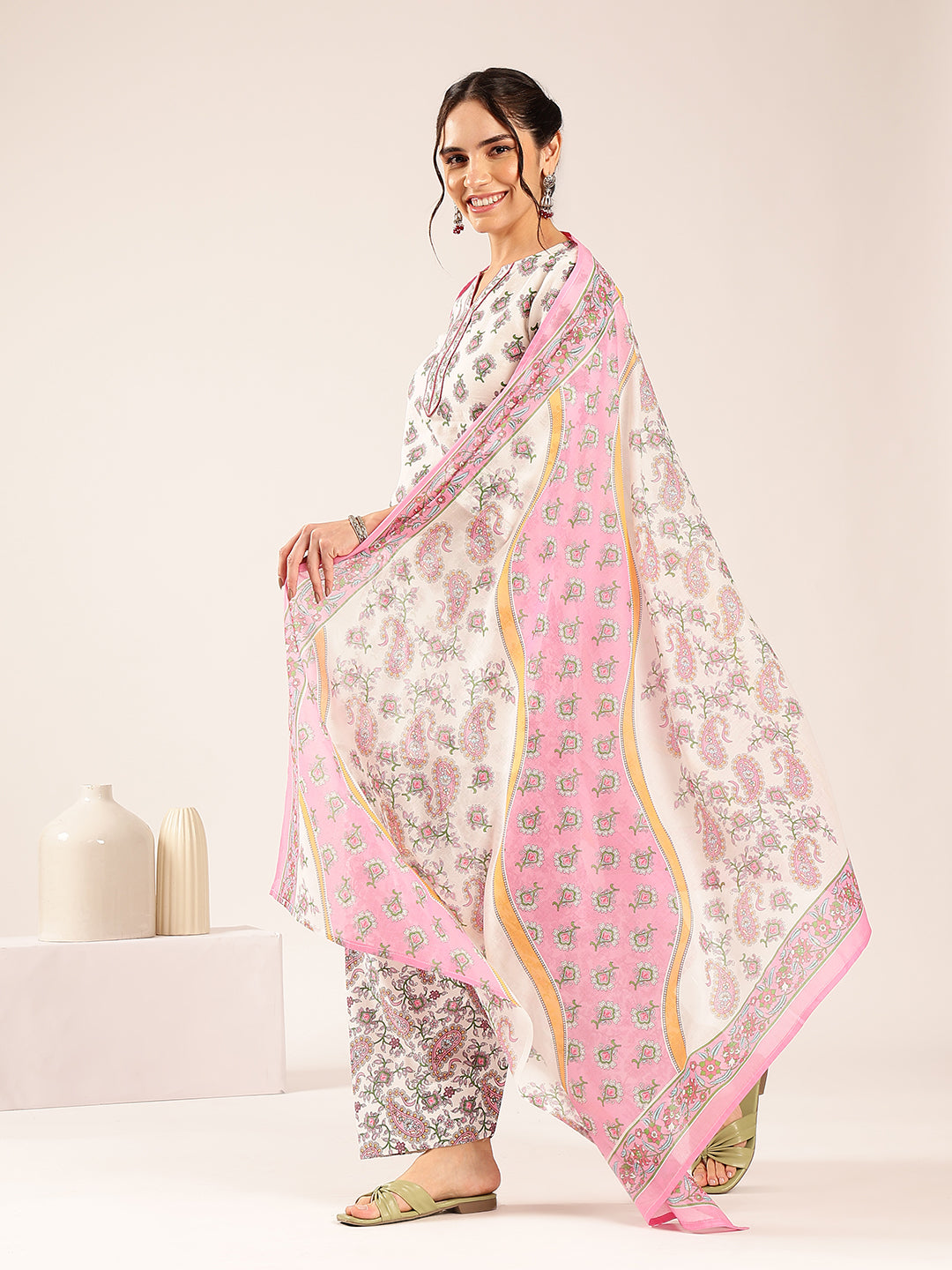 Off White & Pink Floral Straight Cotton Stitched Kurta Set