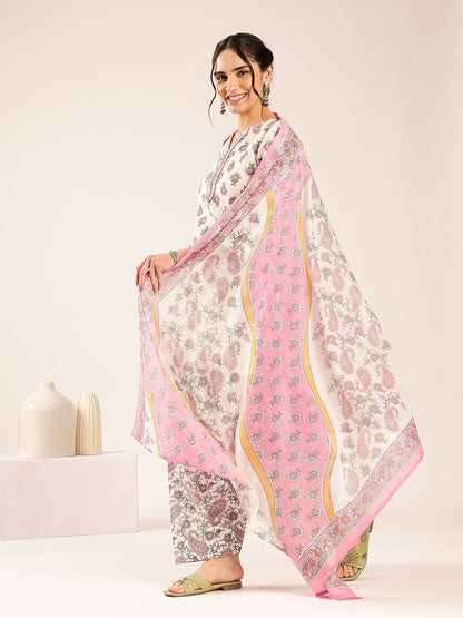 Off White & Pink Floral Straight Cotton Stitched Kurta Set