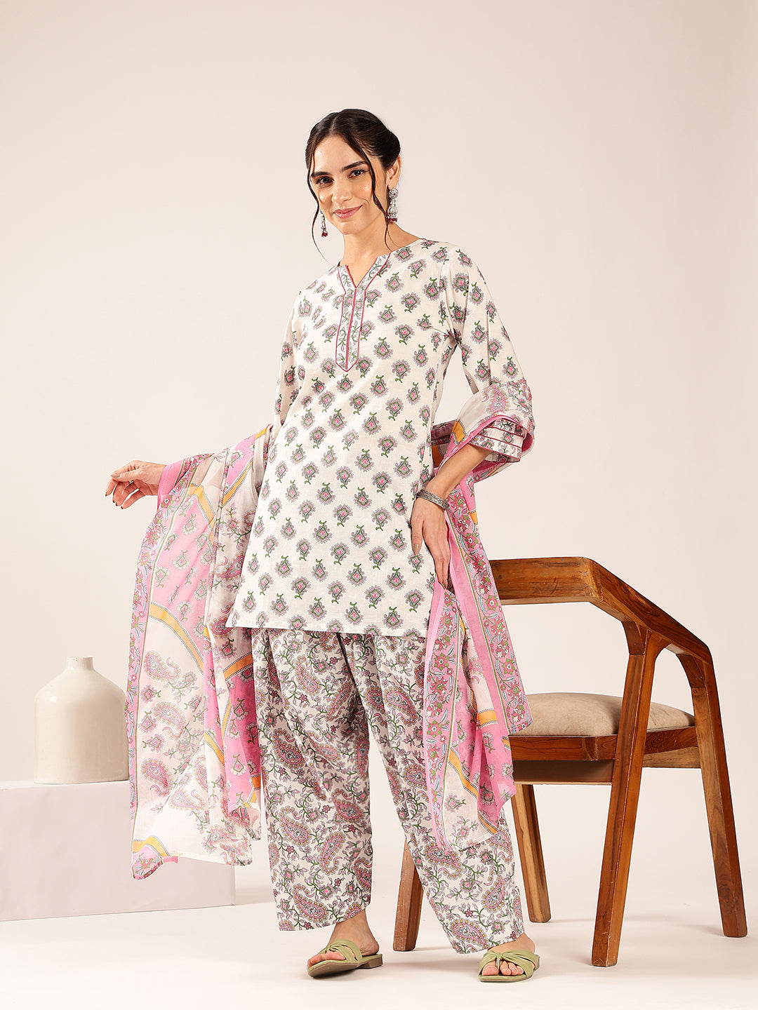 Off White & Pink Floral Straight Cotton Stitched Kurta Set