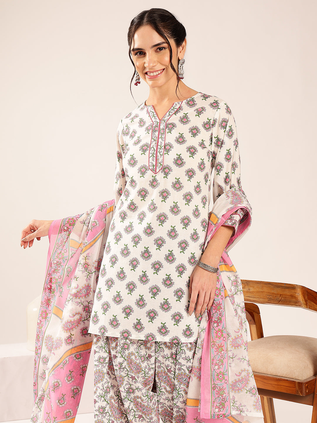 Off White & Pink Floral Straight Cotton Stitched Kurta Set