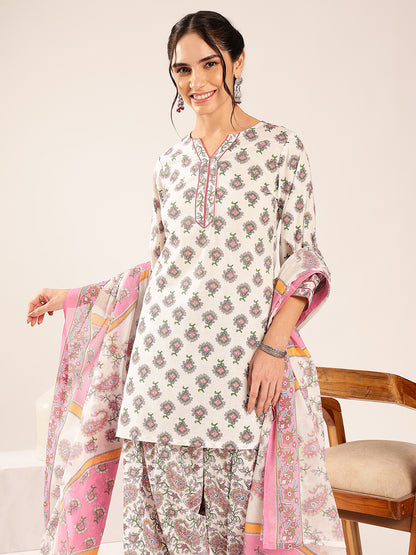 Off White & Pink Floral Straight Cotton Stitched Kurta Set