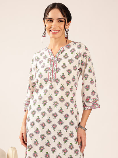 Off White & Pink Floral Straight Cotton Stitched Kurta Set