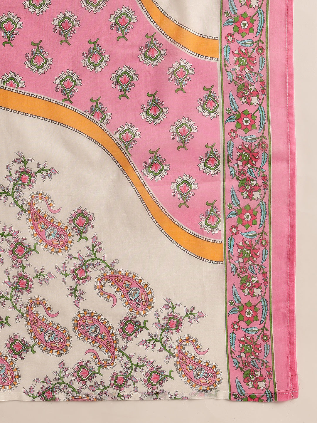 Off White & Pink Floral Straight Cotton Stitched Kurta Set