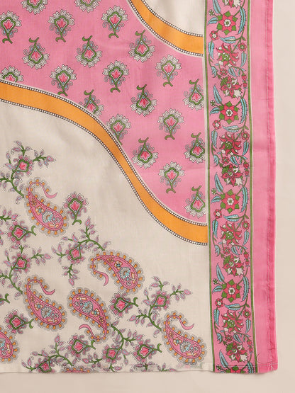 Off White & Pink Floral Straight Cotton Stitched Kurta Set