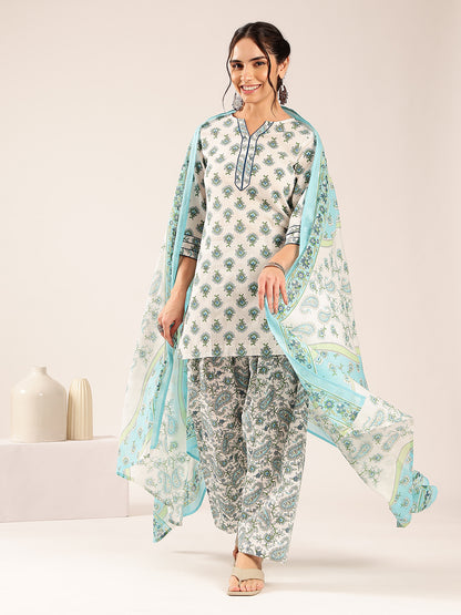 Off White & Sky Blue Floral Straight Cotton Stitched Kurta Pant With Dupatta