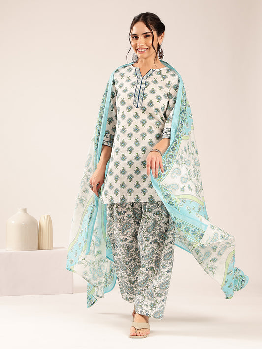 Off White & Sky Blue Floral Straight Cotton Stitched Kurta Pant With Dupatta