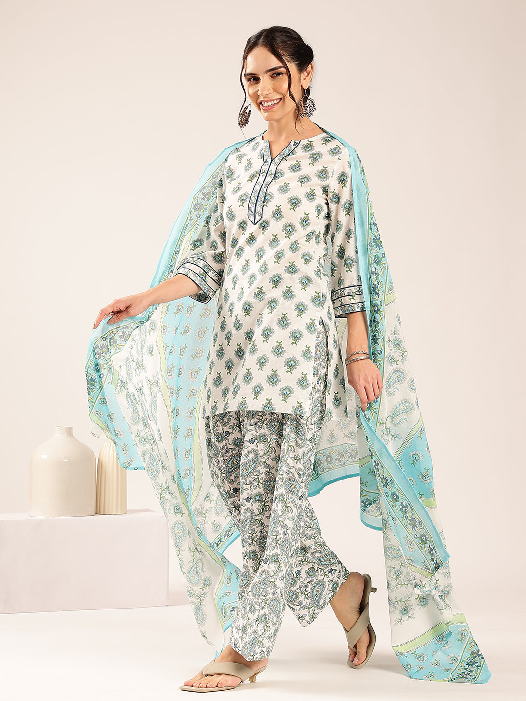 Off White & Sky Blue Floral Straight Cotton Stitched Kurta Pant With Dupatta