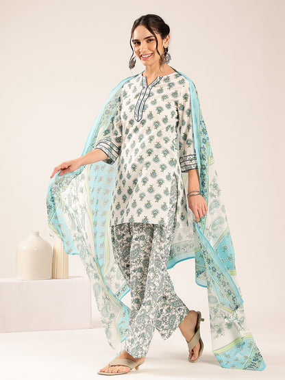 Off White & Sky Blue Floral Straight Cotton Stitched Kurta Pant With Dupatta