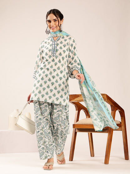 Off White & Sky Blue Floral Straight Cotton Stitched Kurta Pant With Dupatta