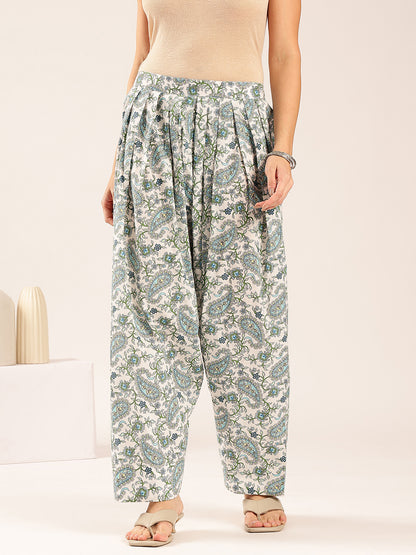 Off White & Sky Blue Floral Straight Cotton Stitched Kurta Pant With Dupatta