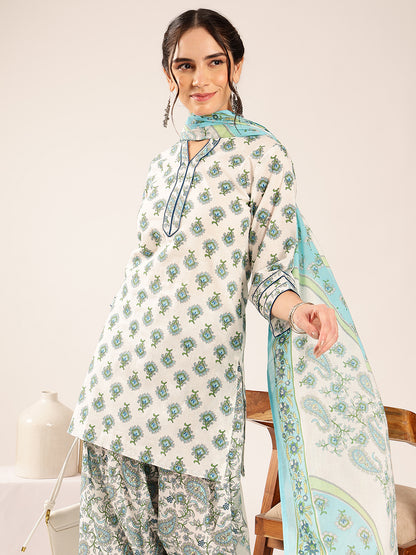 Off White & Sky Blue Floral Straight Cotton Stitched Kurta Pant With Dupatta