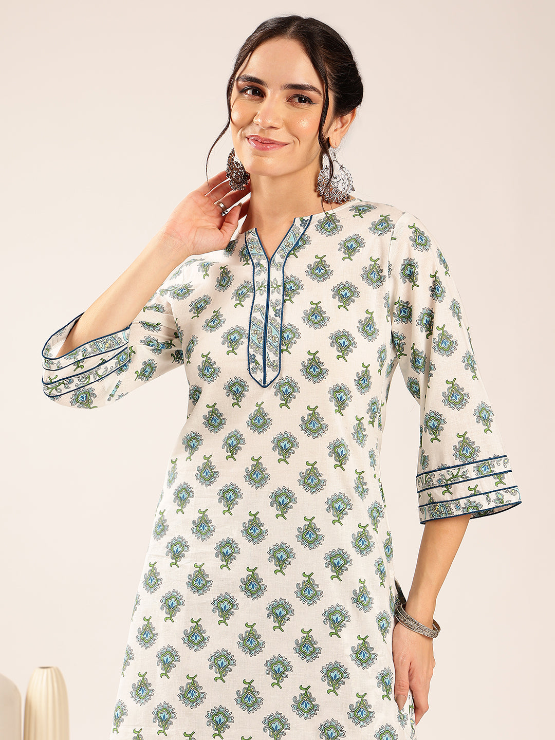 Off White & Sky Blue Floral Straight Cotton Stitched Kurta Pant With Dupatta