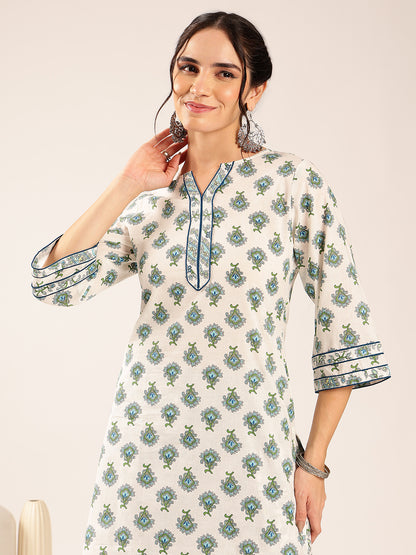 Off White & Sky Blue Floral Straight Cotton Stitched Kurta Pant With Dupatta