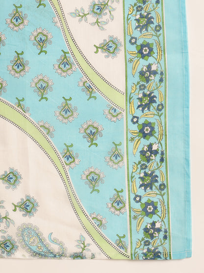 Off White & Sky Blue Floral Straight Cotton Stitched Kurta Pant With Dupatta