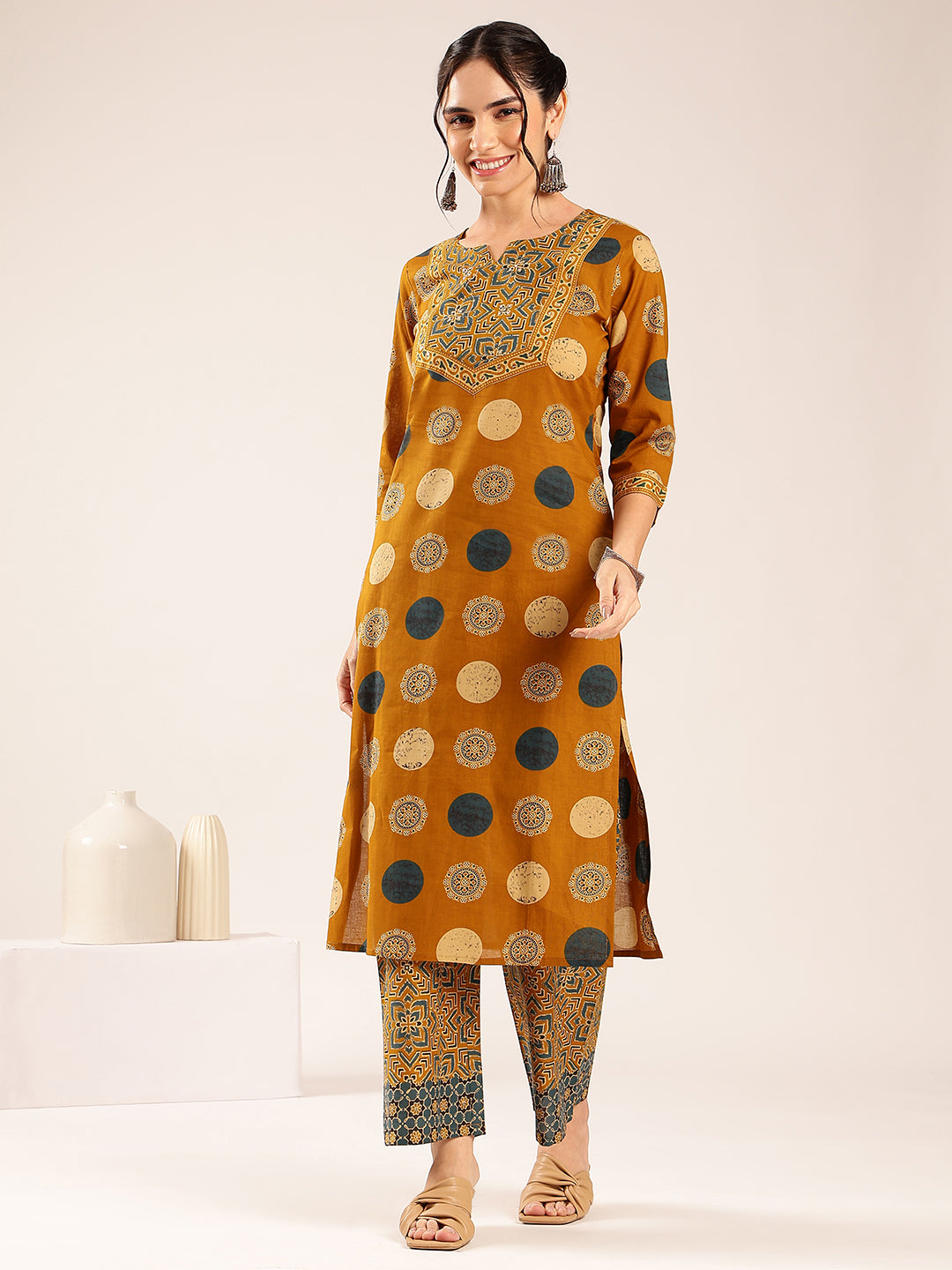 Mustard Ajrakh Straight Cotton Stitched Kurta With Palazzo