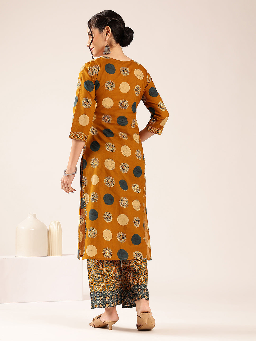 Mustard Ajrakh Straight Cotton Stitched Kurta With Palazzo