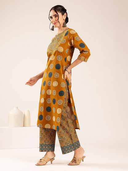 Mustard Ajrakh Straight Cotton Stitched Kurta With Palazzo