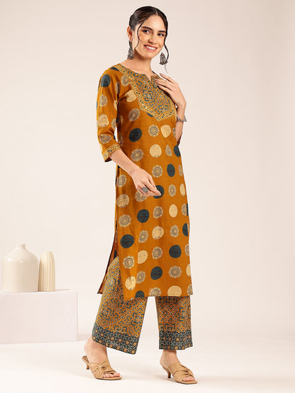 Mustard Ajrakh Straight Cotton Stitched Kurta With Palazzo