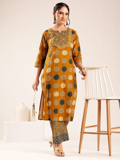 Mustard Ajrakh Straight Cotton Stitched Kurta With Palazzo