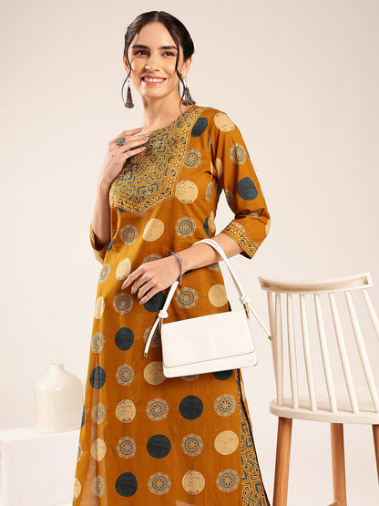 Mustard Ajrakh Straight Cotton Stitched Kurta With Palazzo