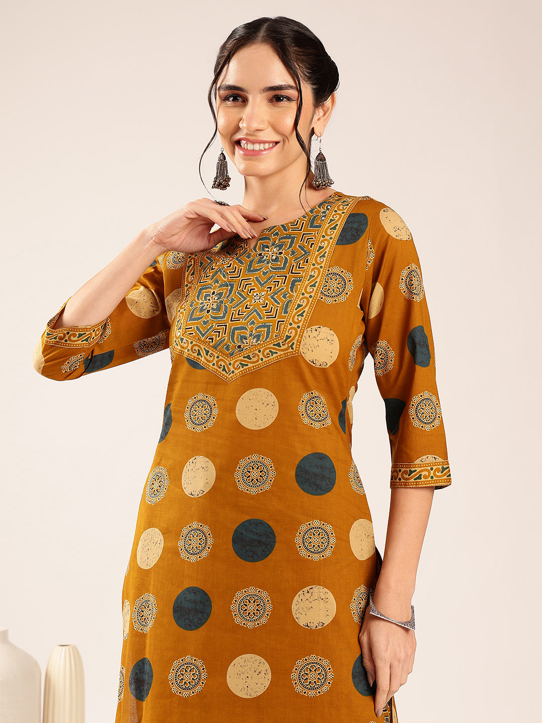 Mustard Ajrakh Straight Cotton Stitched Kurta With Palazzo