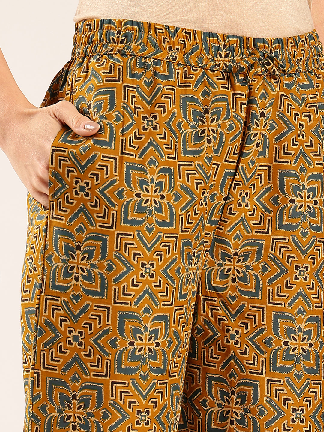 Mustard Ajrakh Straight Cotton Stitched Kurta With Palazzo