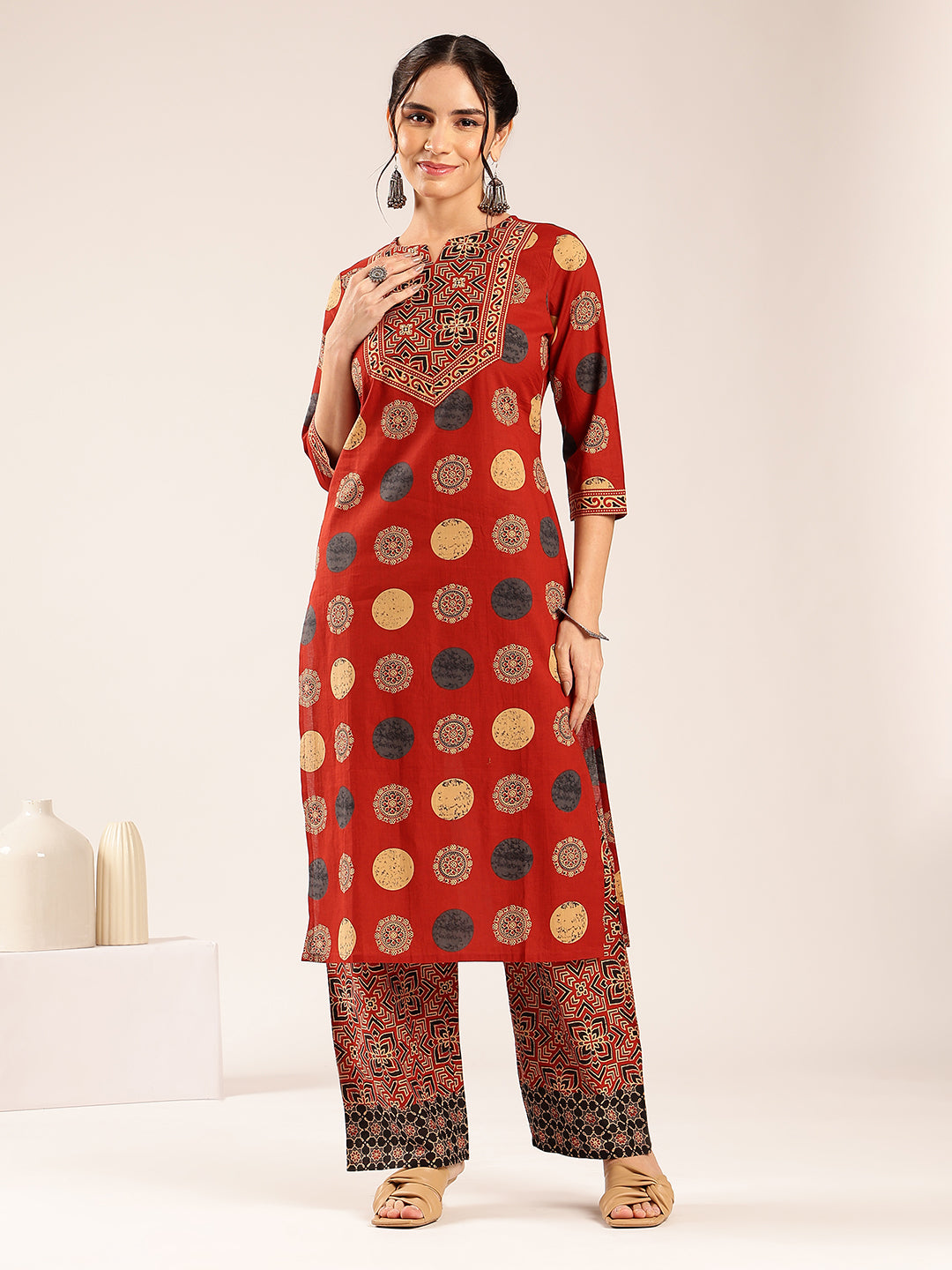 Red Ajrakh Straight Cotton Stitched Kurta With Palazzo