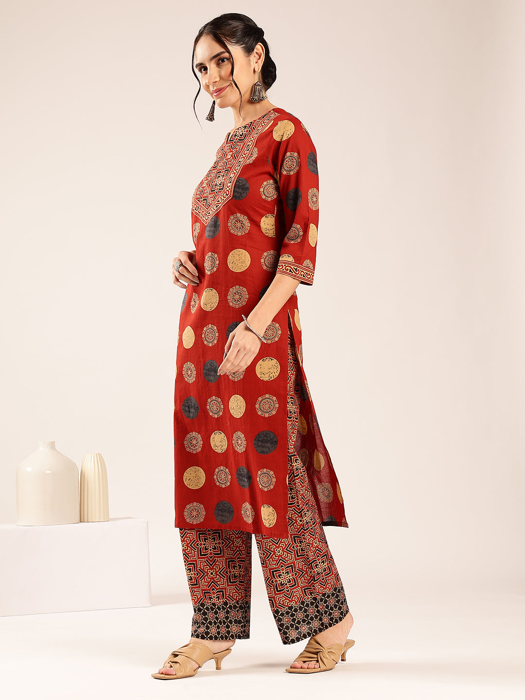 Red Ajrakh Straight Cotton Stitched Kurta With Palazzo