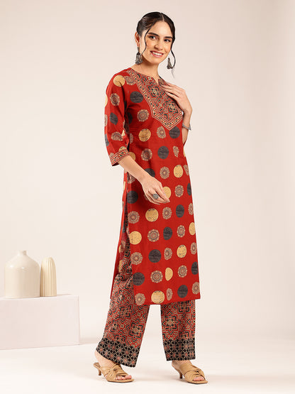 Red Ajrakh Straight Cotton Stitched Kurta With Palazzo