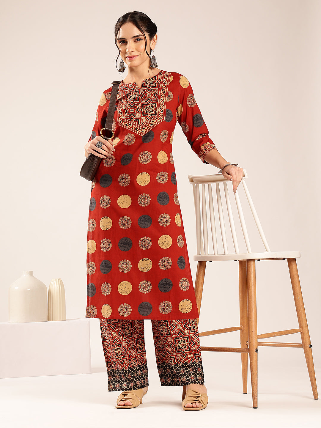 Red Ajrakh Straight Cotton Stitched Kurta With Palazzo