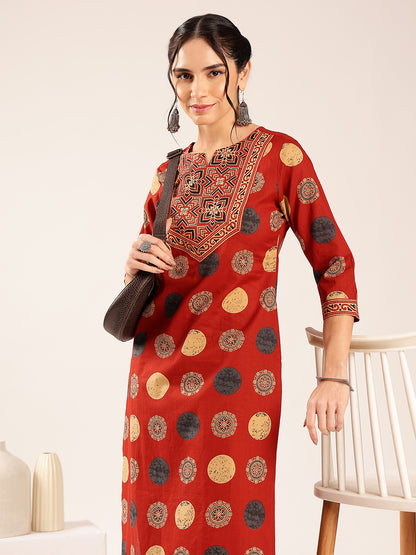 Red Ajrakh Straight Cotton Stitched Kurta With Palazzo