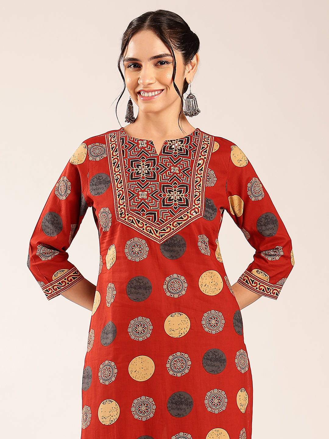 Red Ajrakh Straight Cotton Stitched Kurta With Palazzo