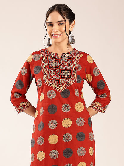 Red Ajrakh Straight Cotton Stitched Kurta With Palazzo